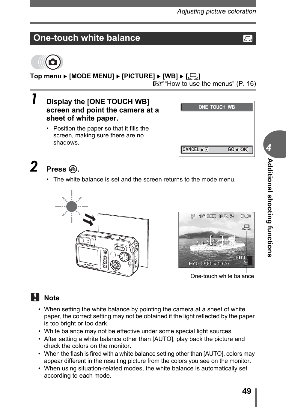 One-touch white balance | Olympus D-595 Zoom User Manual | Page 49 / 156