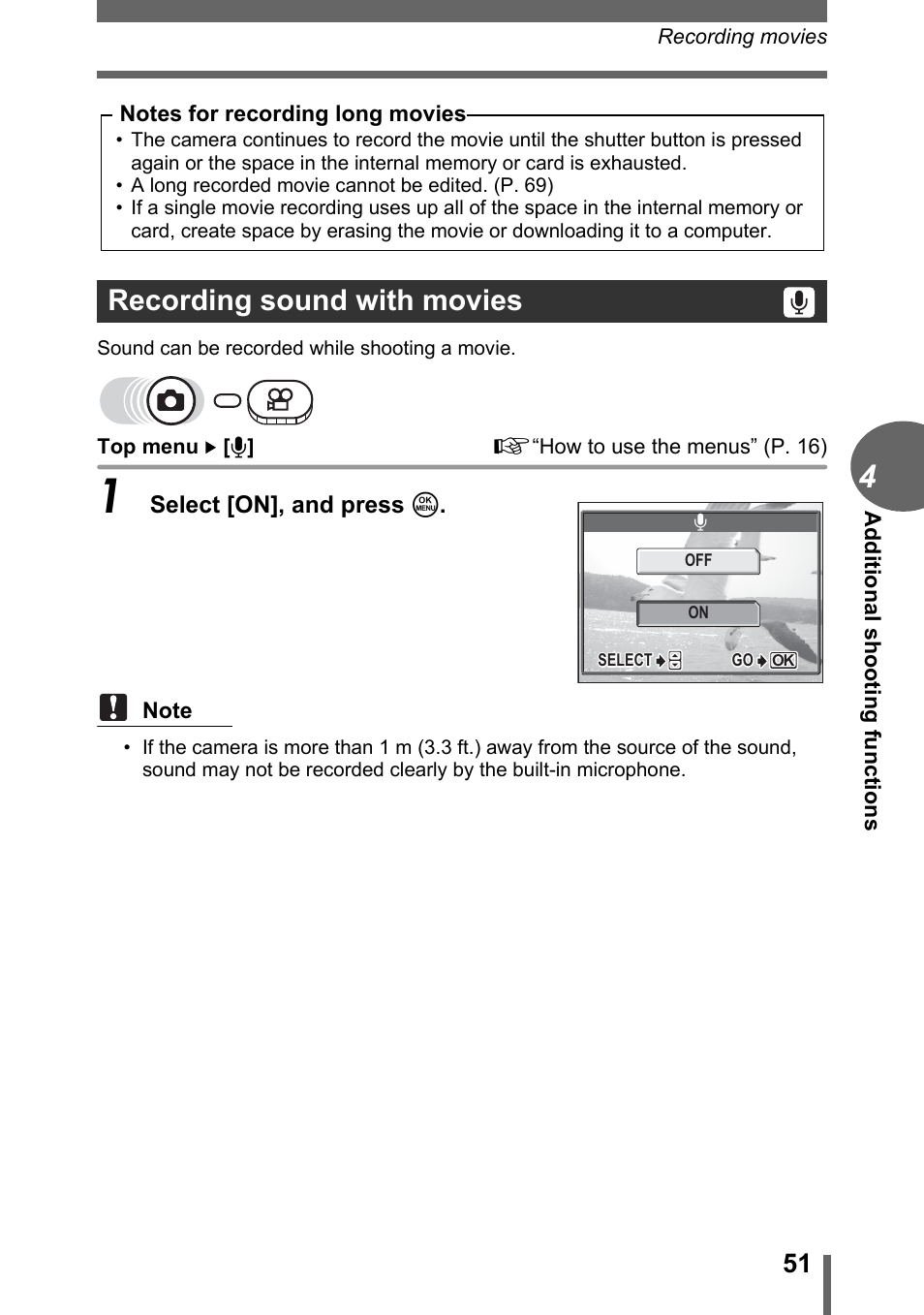 Recording sound with movies, Gp. 51 | Olympus D-595 Zoom User Manual | Page 51 / 156