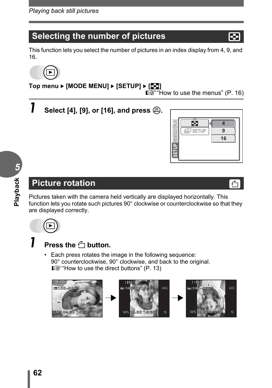 Selecting the number of pictures, Picture rotation, Gp. 62 | Selecting the number of pictures picture rotation, Select [4], [9], or [16], and press z, Press the y button, Pl ay bac k, Playing back still pictures | Olympus D-595 Zoom User Manual | Page 62 / 156