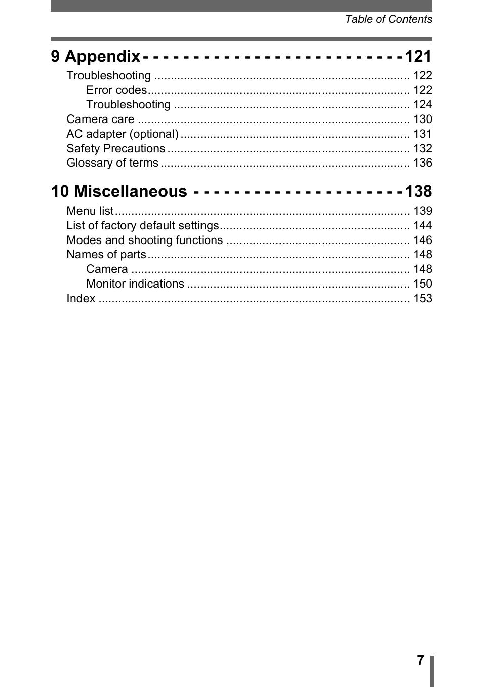 9 appendix, 10 miscellaneous | Olympus D-595 Zoom User Manual | Page 7 / 156