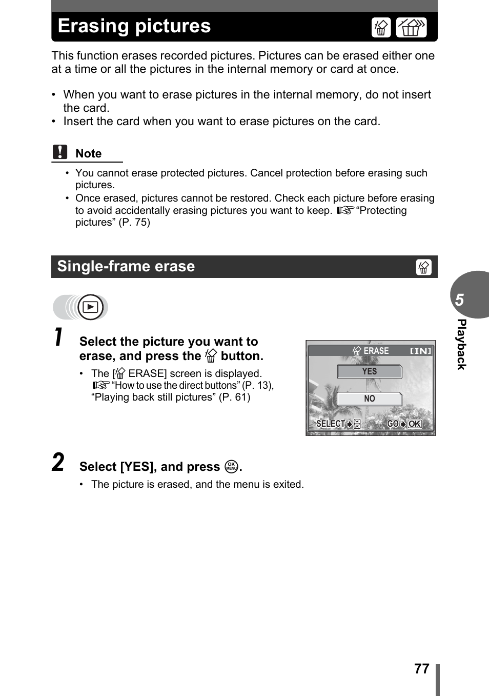 Erasing pictures, Single-frame erase, Gp. 77 | Olympus D-595 Zoom User Manual | Page 77 / 156