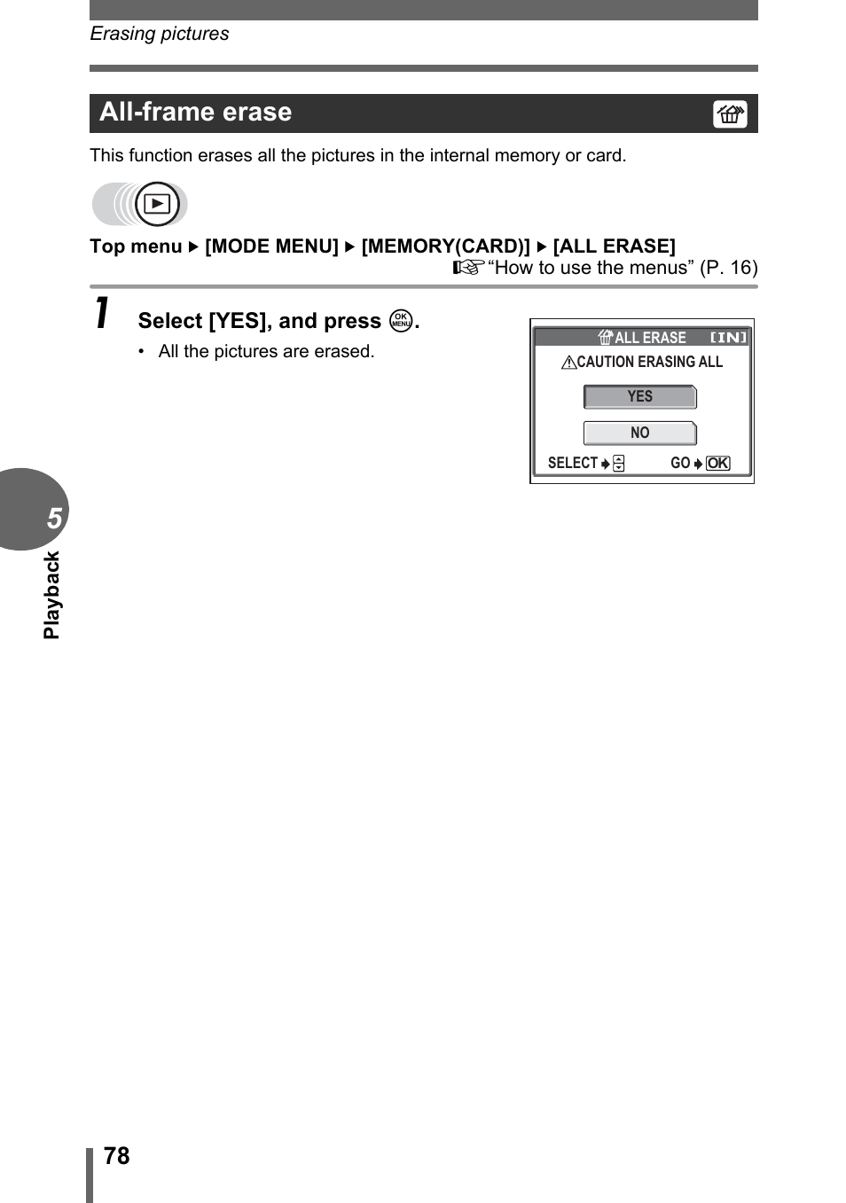 All-frame erase | Olympus D-595 Zoom User Manual | Page 78 / 156