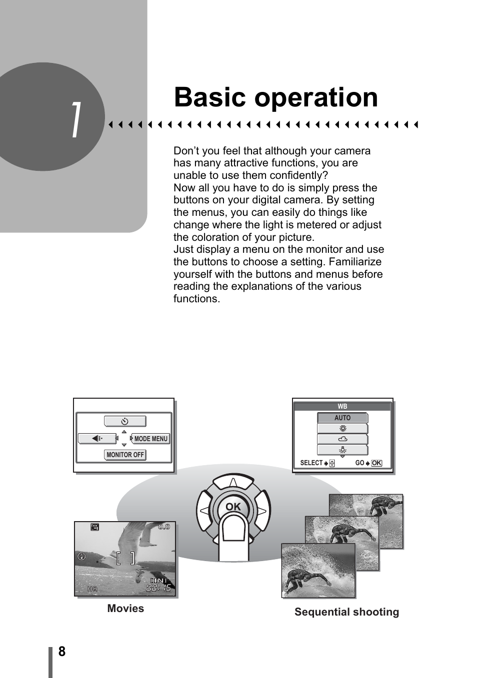1 basic operation, Basic operation, P. 8 | Olympus D-595 Zoom User Manual | Page 8 / 156