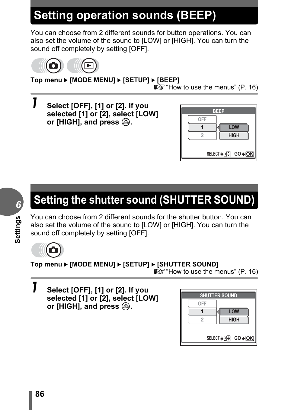 Setting operation sounds (beep), Setting the shutter sound (shutter sound) | Olympus D-595 Zoom User Manual | Page 86 / 156