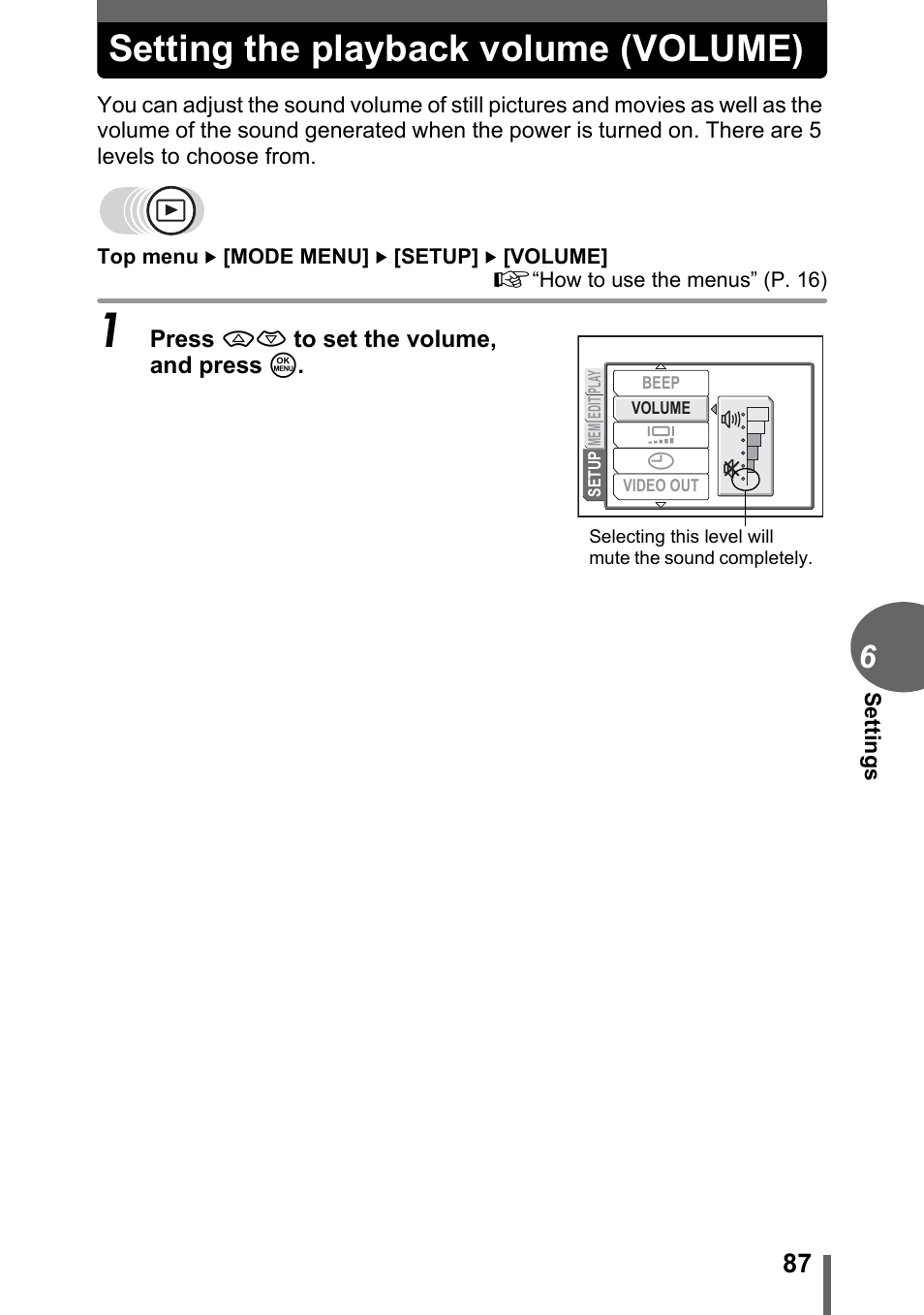 Setting the playback volume (volume), G“setting the playback volume, Volume)” (p. 87) | Olympus D-595 Zoom User Manual | Page 87 / 156