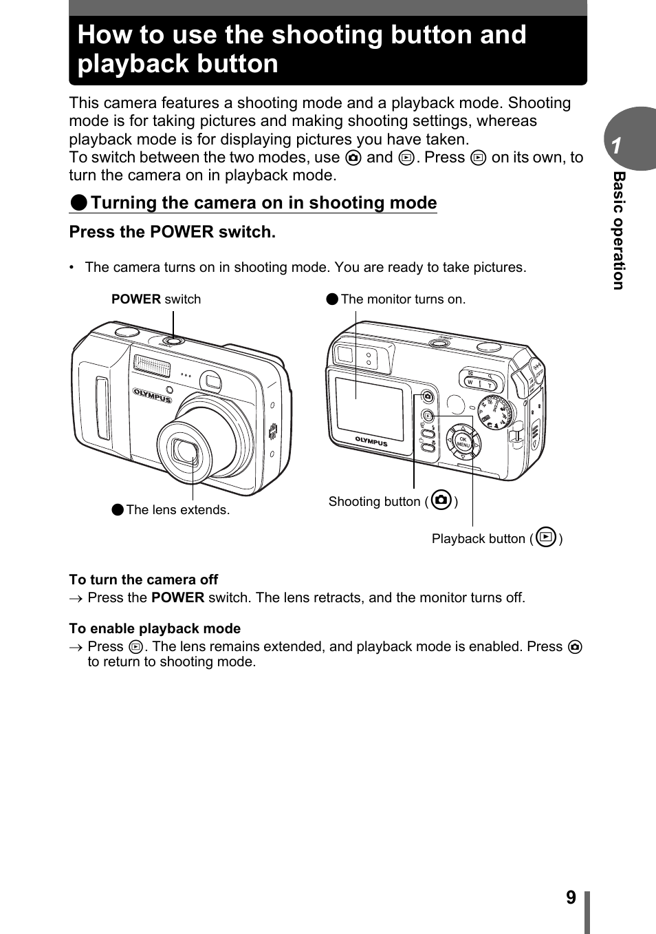 How to use the shooting button and playback button | Olympus D-595 Zoom User Manual | Page 9 / 156