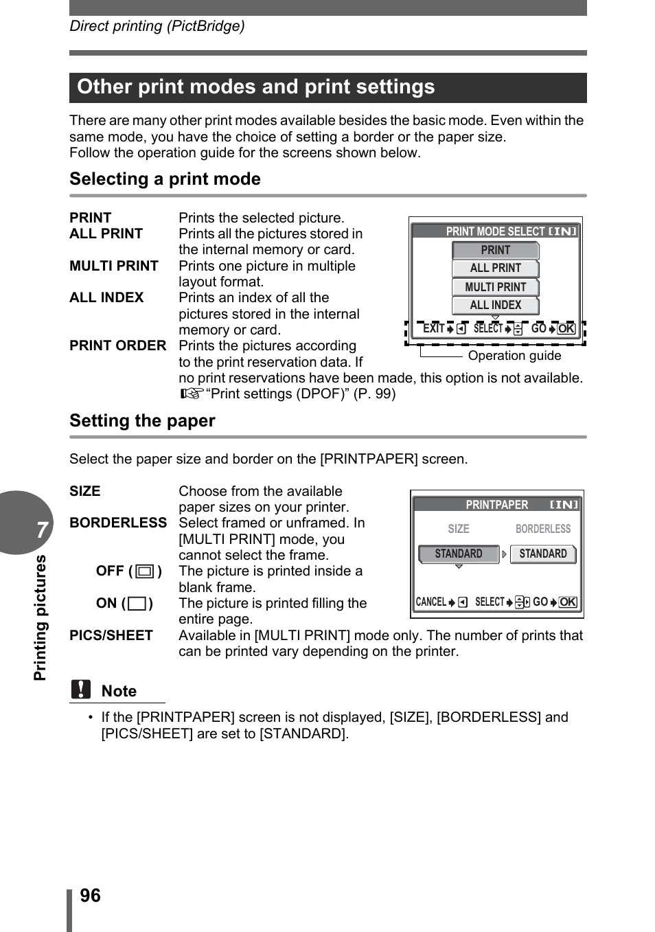 Other print modes and print settings, Selecting a print mode, Setting the paper | Olympus D-595 Zoom User Manual | Page 96 / 156