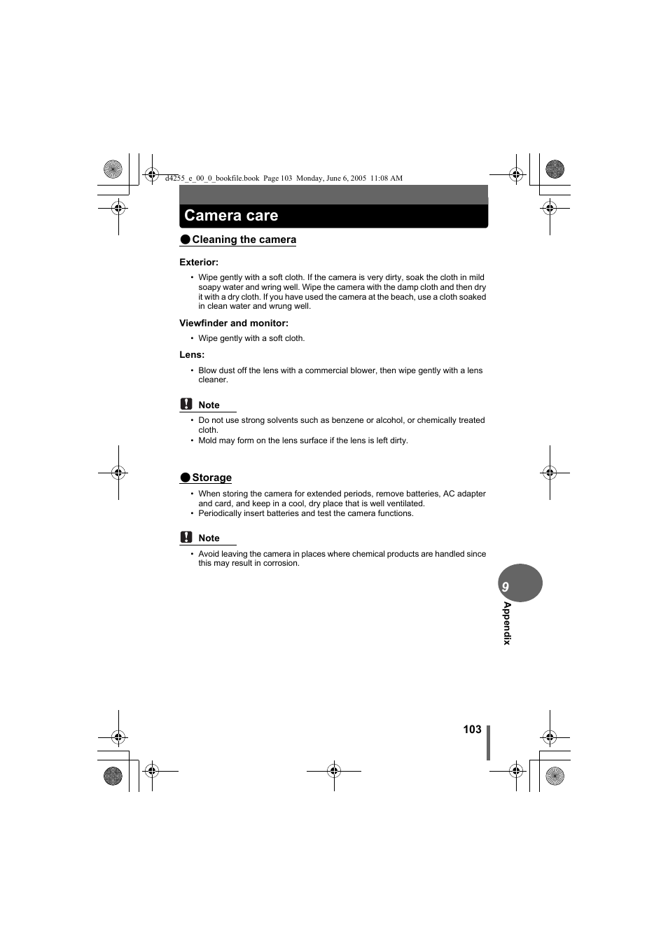 Camera care, P. 103 | Olympus D-555 Zoom ImageLink User Manual | Page 103 / 124