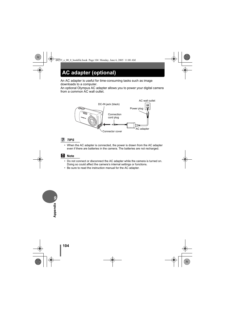 Ac adapter (optional) | Olympus D-555 Zoom ImageLink User Manual | Page 104 / 124