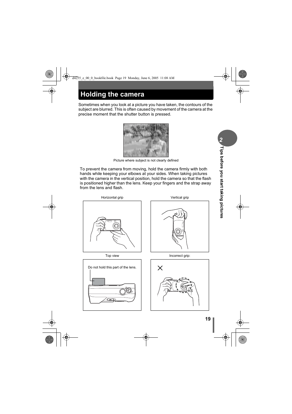 Holding the camera | Olympus D-555 Zoom ImageLink User Manual | Page 19 / 124