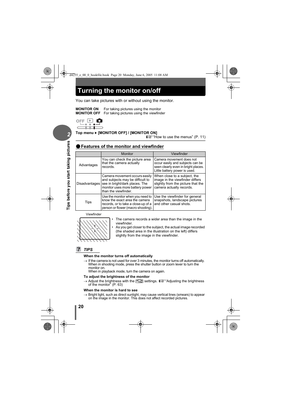 Turning the monitor on/off | Olympus D-555 Zoom ImageLink User Manual | Page 20 / 124