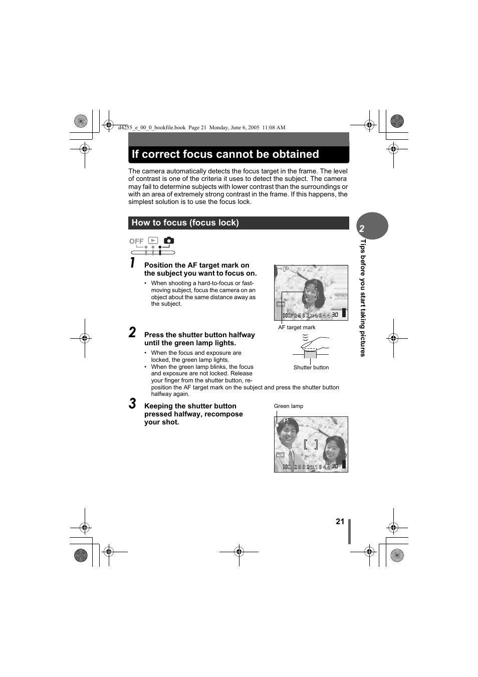 If correct focus cannot be obtained, How to focus (focus lock) | Olympus D-555 Zoom ImageLink User Manual | Page 21 / 124