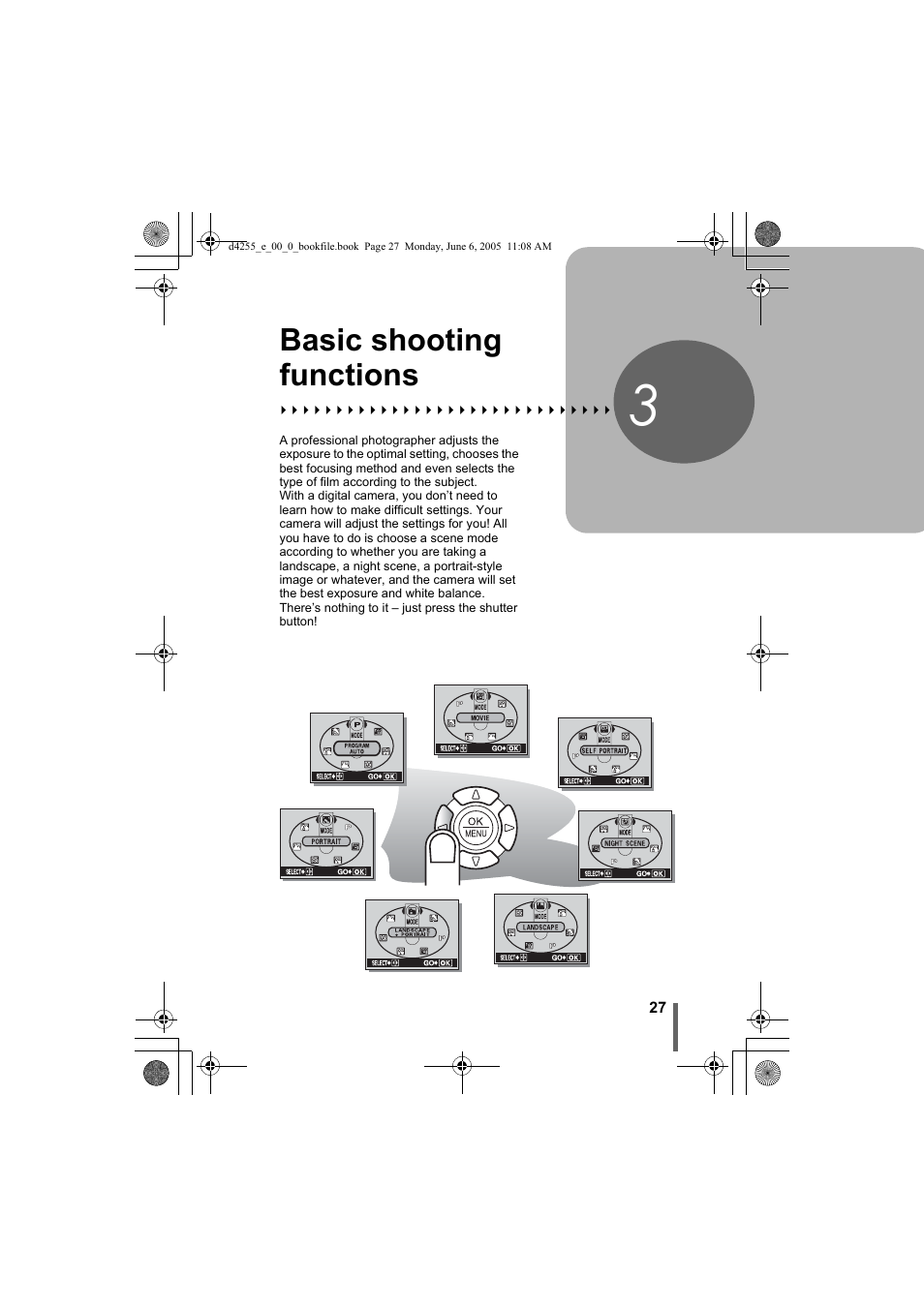 3 basic shooting functions, Basic shooting, Functions | P. 27, Basic shooting functions | Olympus D-555 Zoom ImageLink User Manual | Page 27 / 124