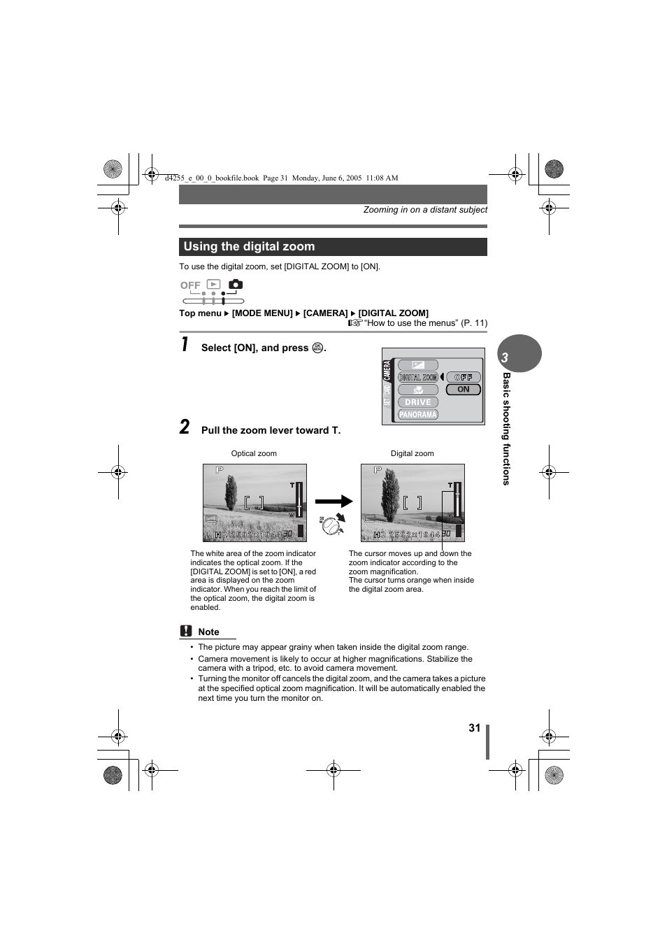 Using the digital zoom | Olympus D-555 Zoom ImageLink User Manual | Page 31 / 124