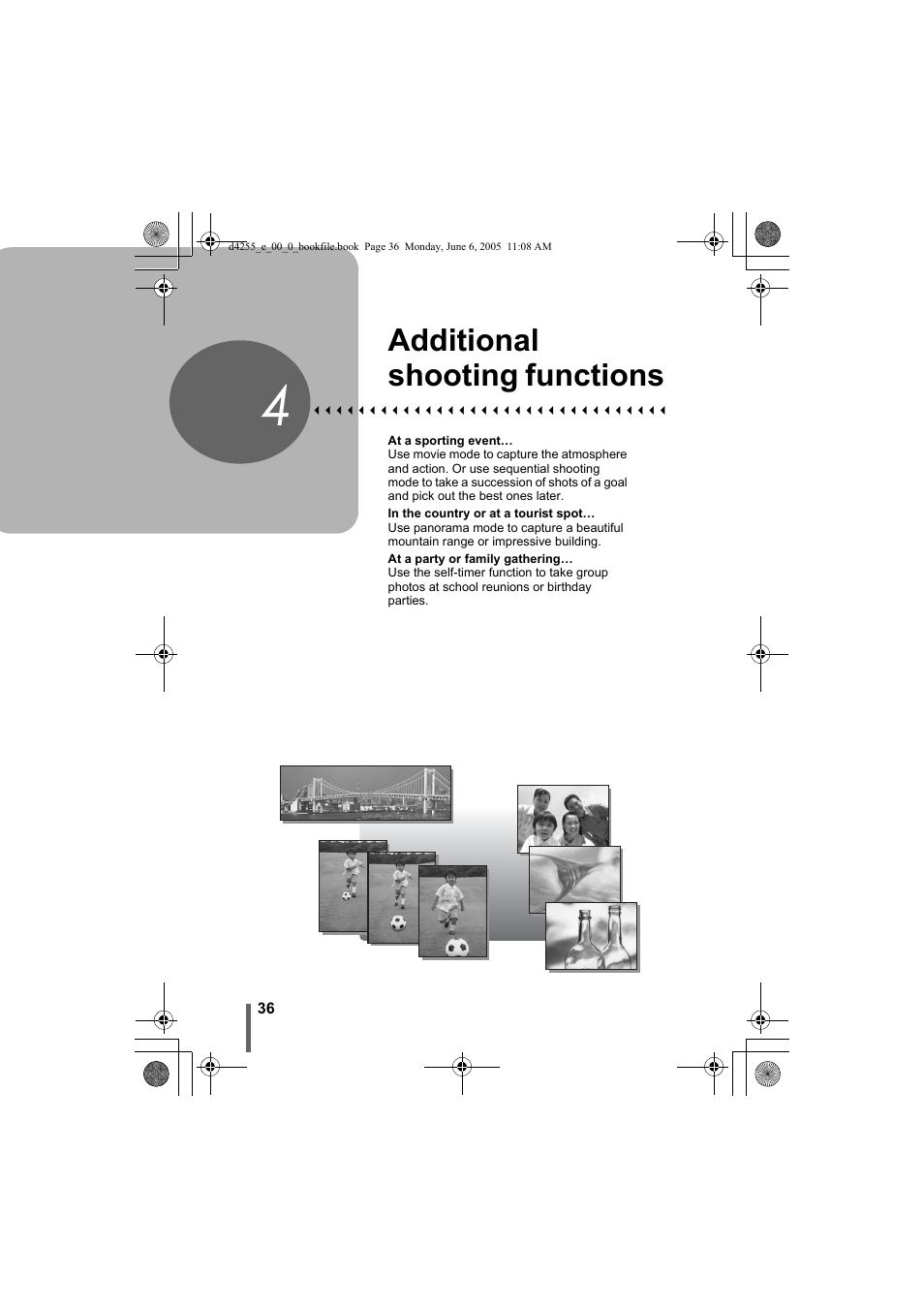4 additional shooting functions, P. 36, Additional shooting | Functions, Additional shooting functions | Olympus D-555 Zoom ImageLink User Manual | Page 36 / 124
