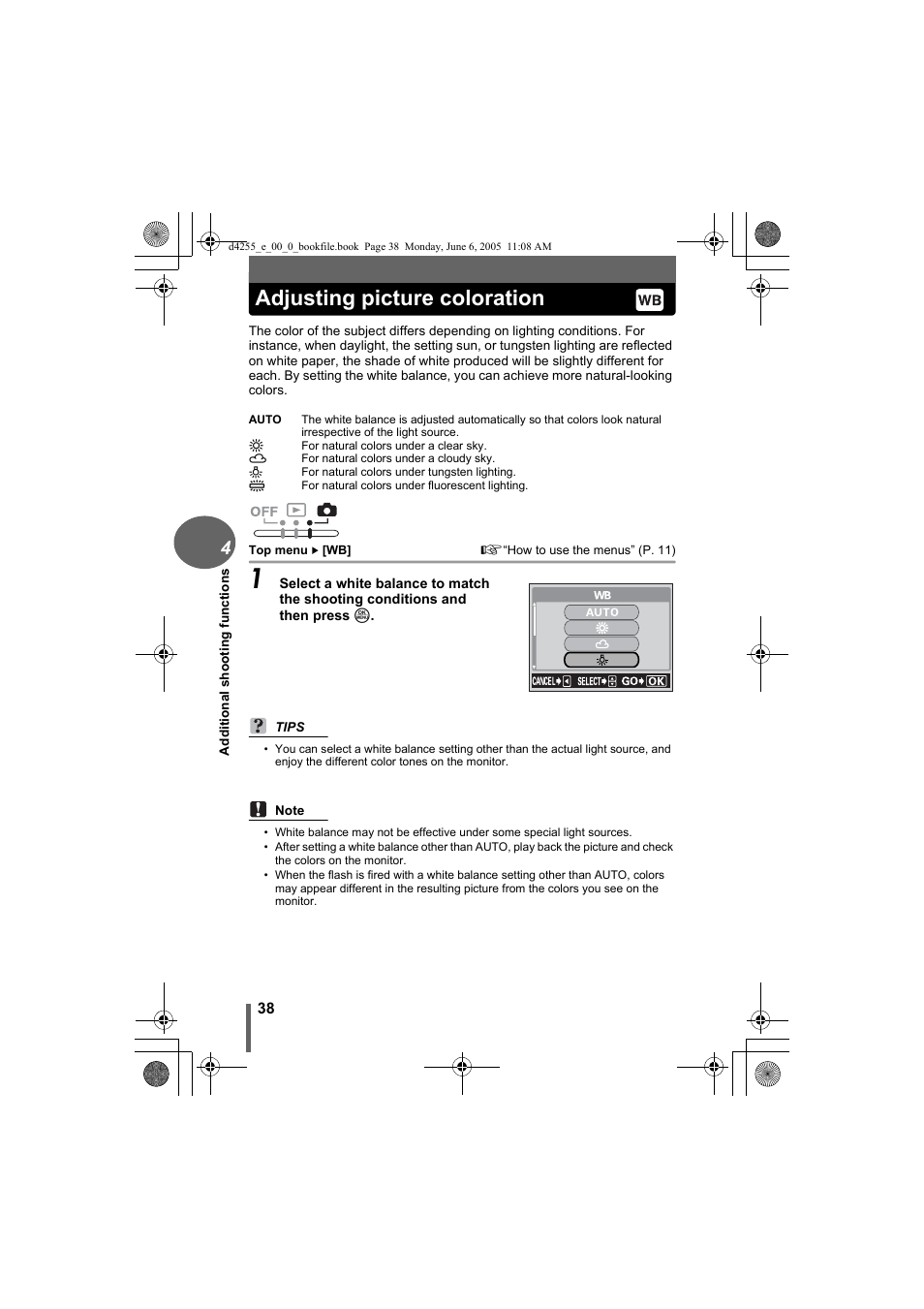 Adjusting picture coloration | Olympus D-555 Zoom ImageLink User Manual | Page 38 / 124