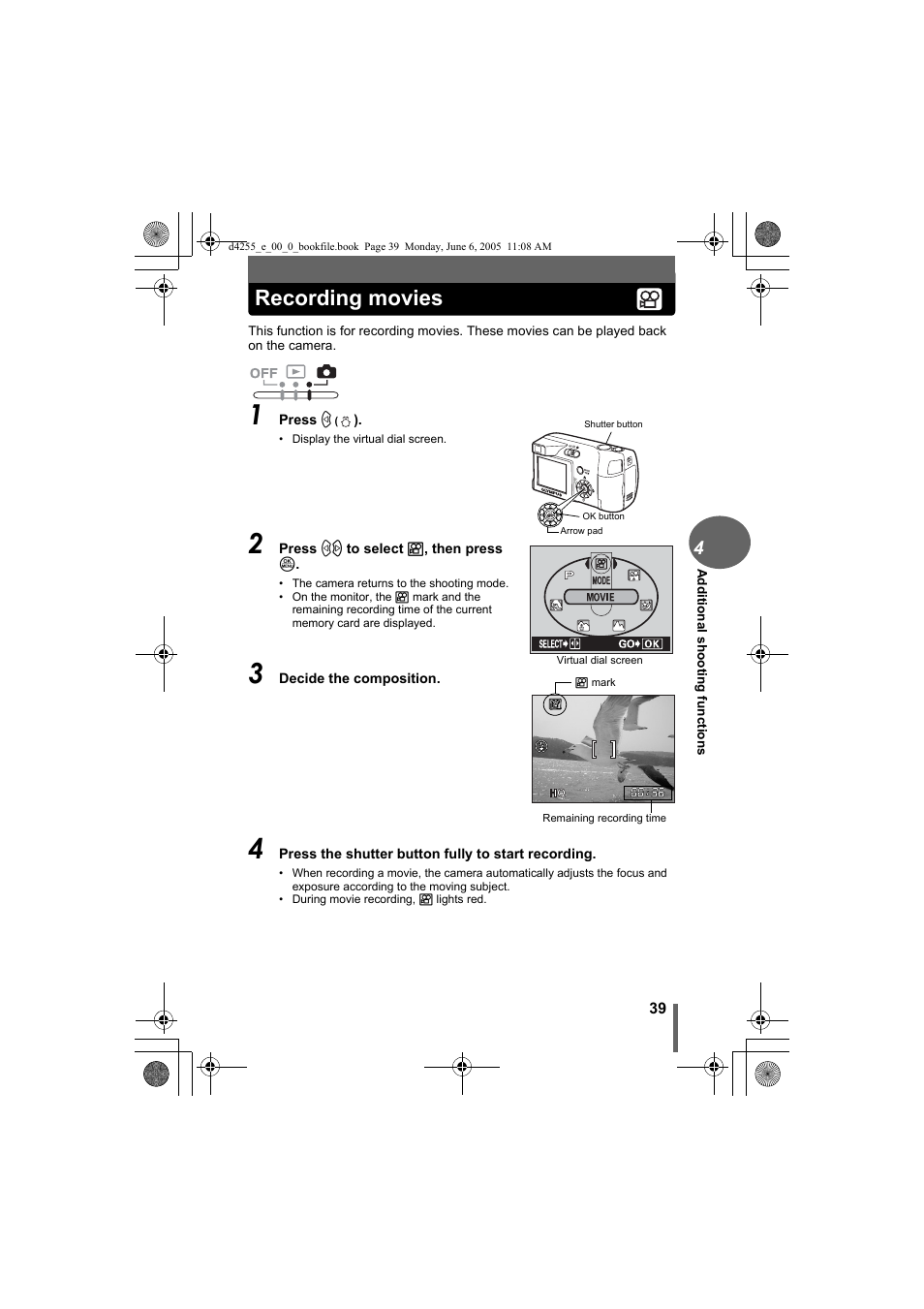 Recording movies | Olympus D-555 Zoom ImageLink User Manual | Page 39 / 124