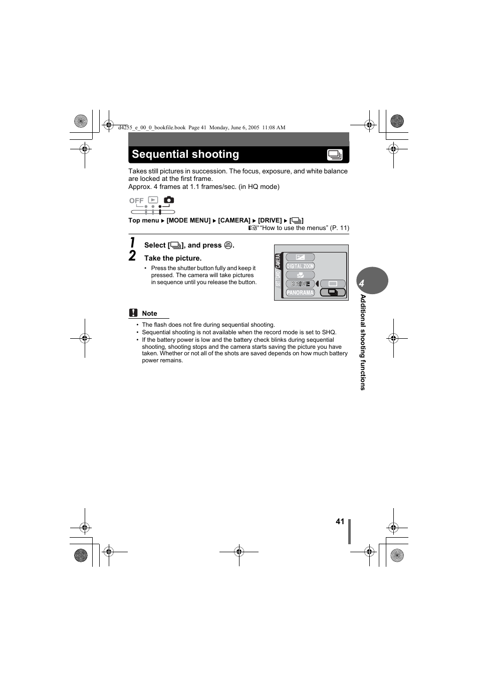 Sequential shooting | Olympus D-555 Zoom ImageLink User Manual | Page 41 / 124
