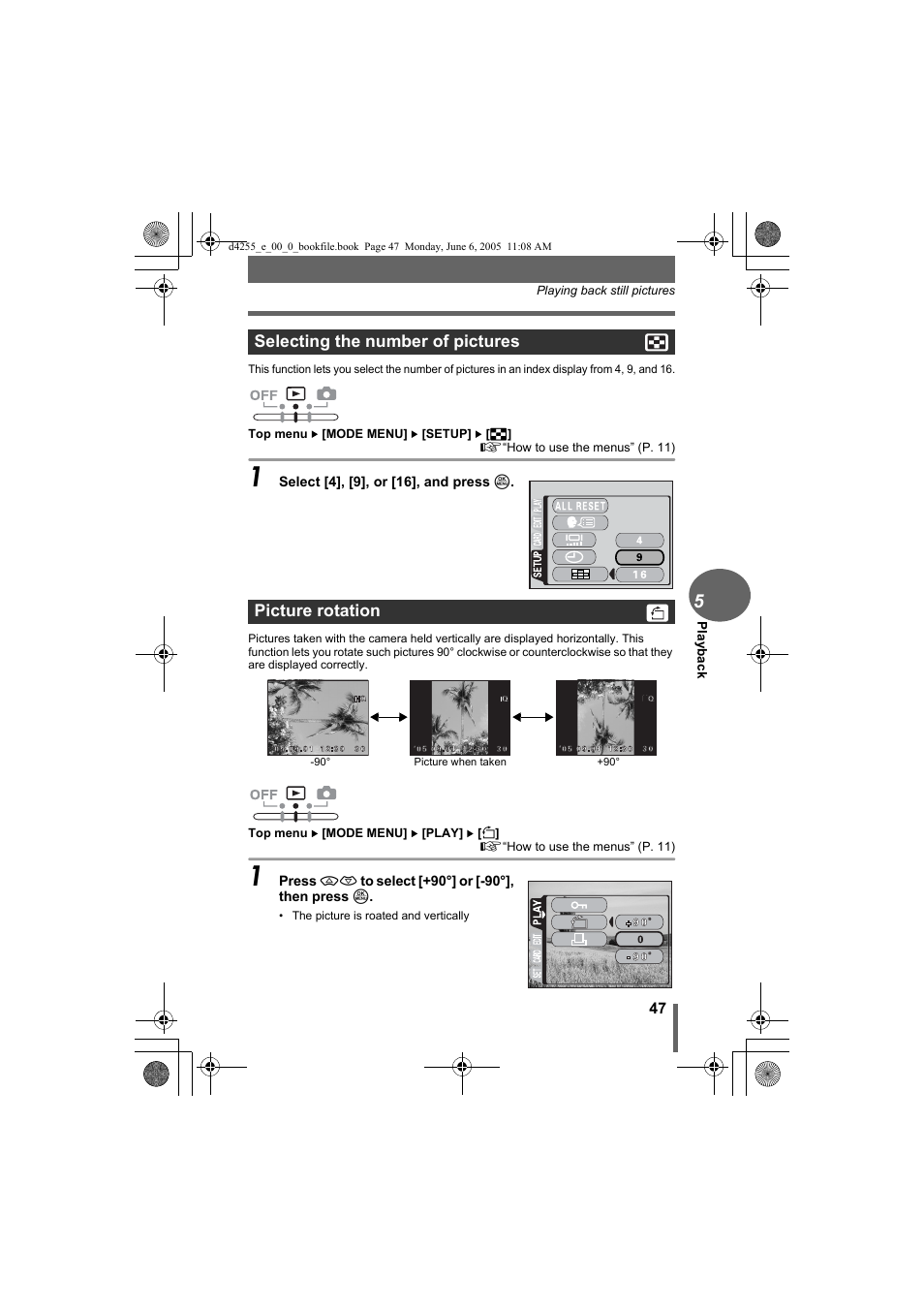 Selecting the number of pictures, Picture rotation | Olympus D-555 Zoom ImageLink User Manual | Page 47 / 124