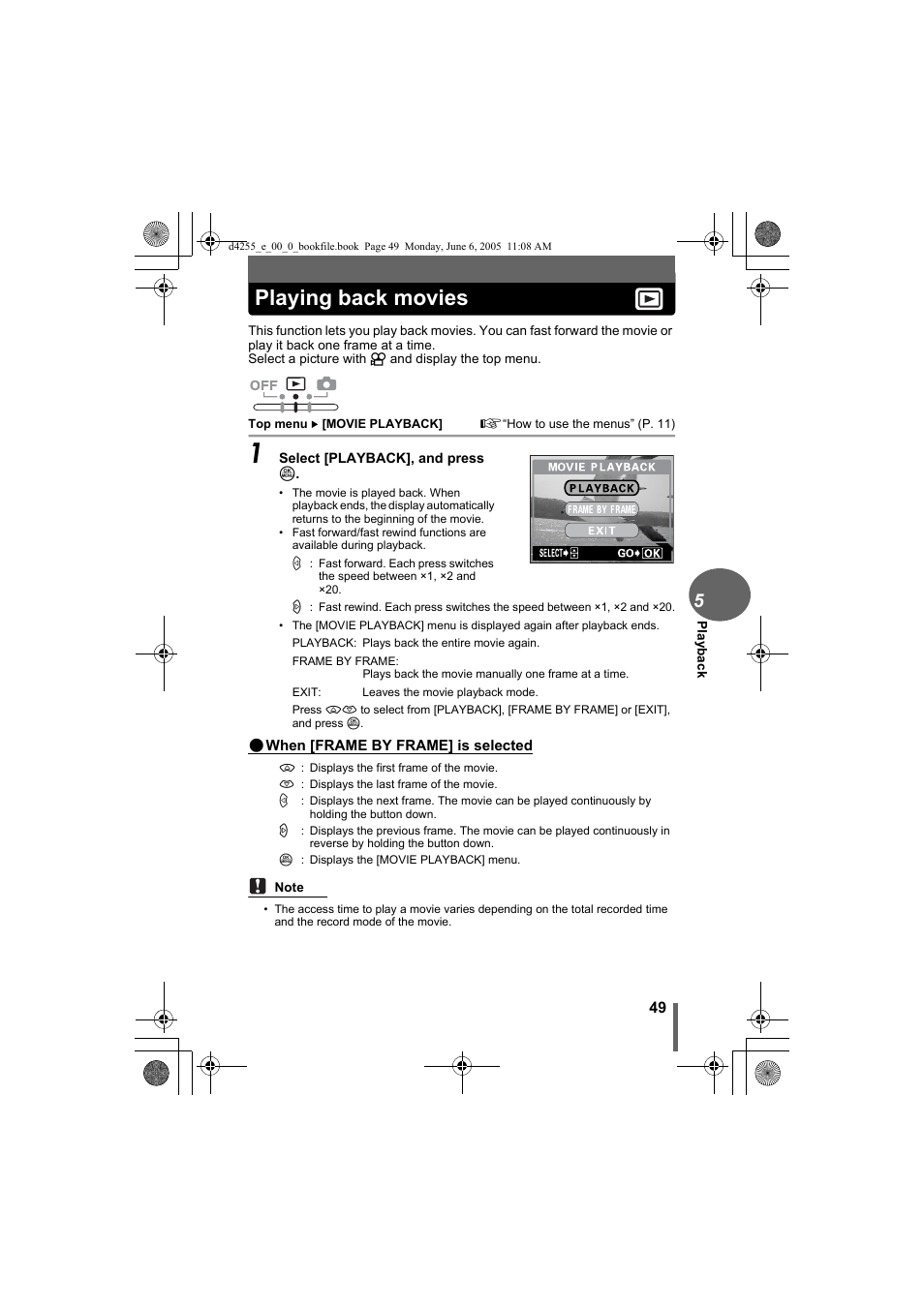 Playing back movies, Gp. 49 | Olympus D-555 Zoom ImageLink User Manual | Page 49 / 124