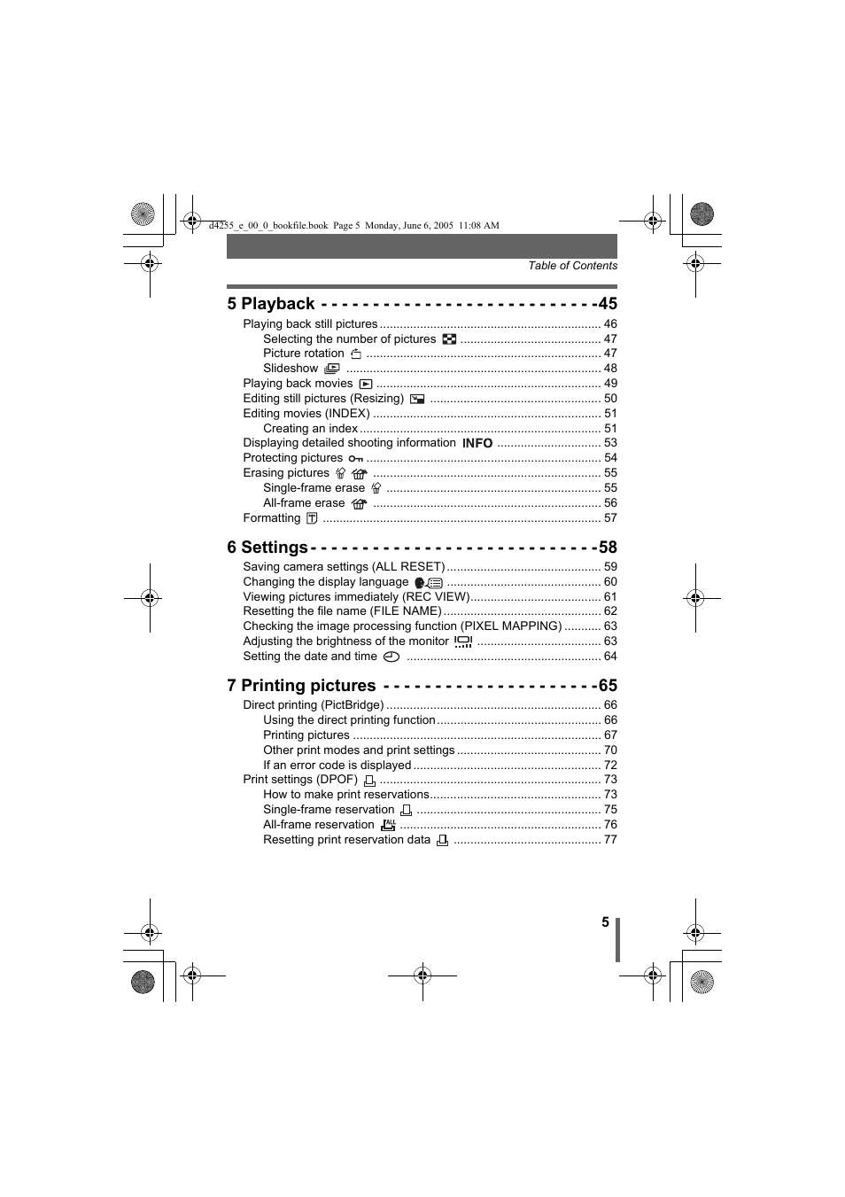 5 playback, 6 settings, 7 printing pictures | Olympus D-555 Zoom ImageLink User Manual | Page 5 / 124