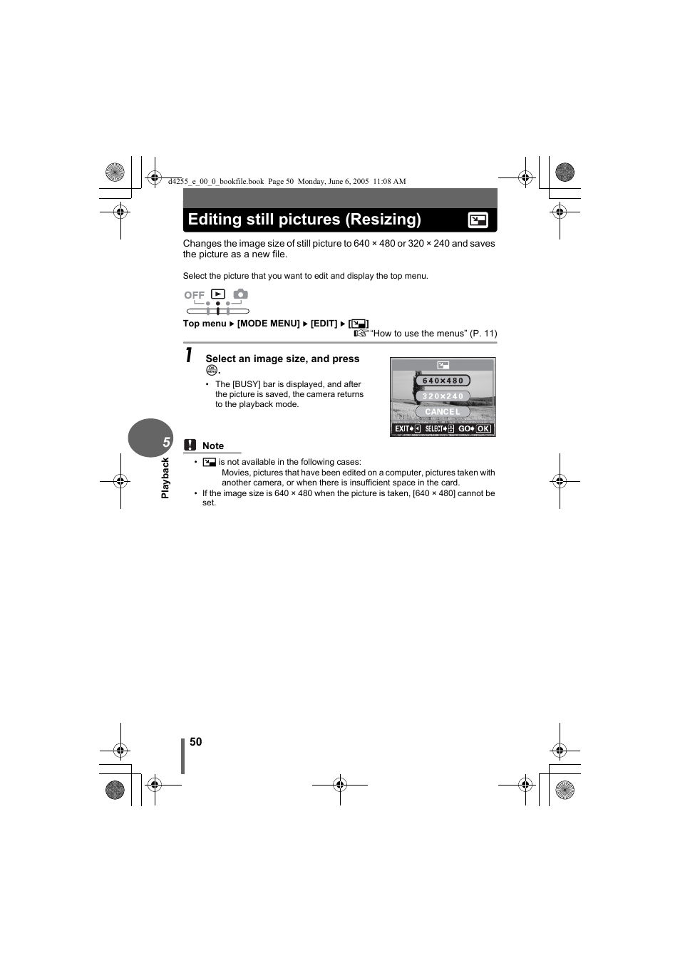 Editing still pictures (resizing) | Olympus D-555 Zoom ImageLink User Manual | Page 50 / 124