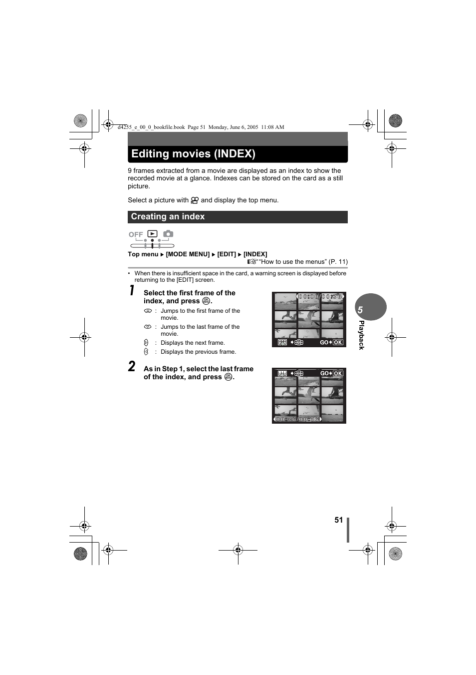 Editing movies (index), Creating an index | Olympus D-555 Zoom ImageLink User Manual | Page 51 / 124