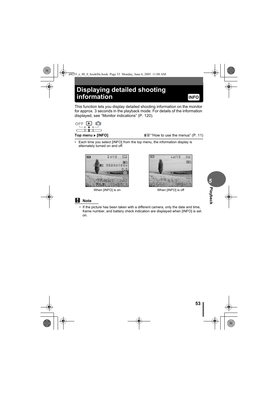 Displaying detailed shooting information, Gp. 53 | Olympus D-555 Zoom ImageLink User Manual | Page 53 / 124