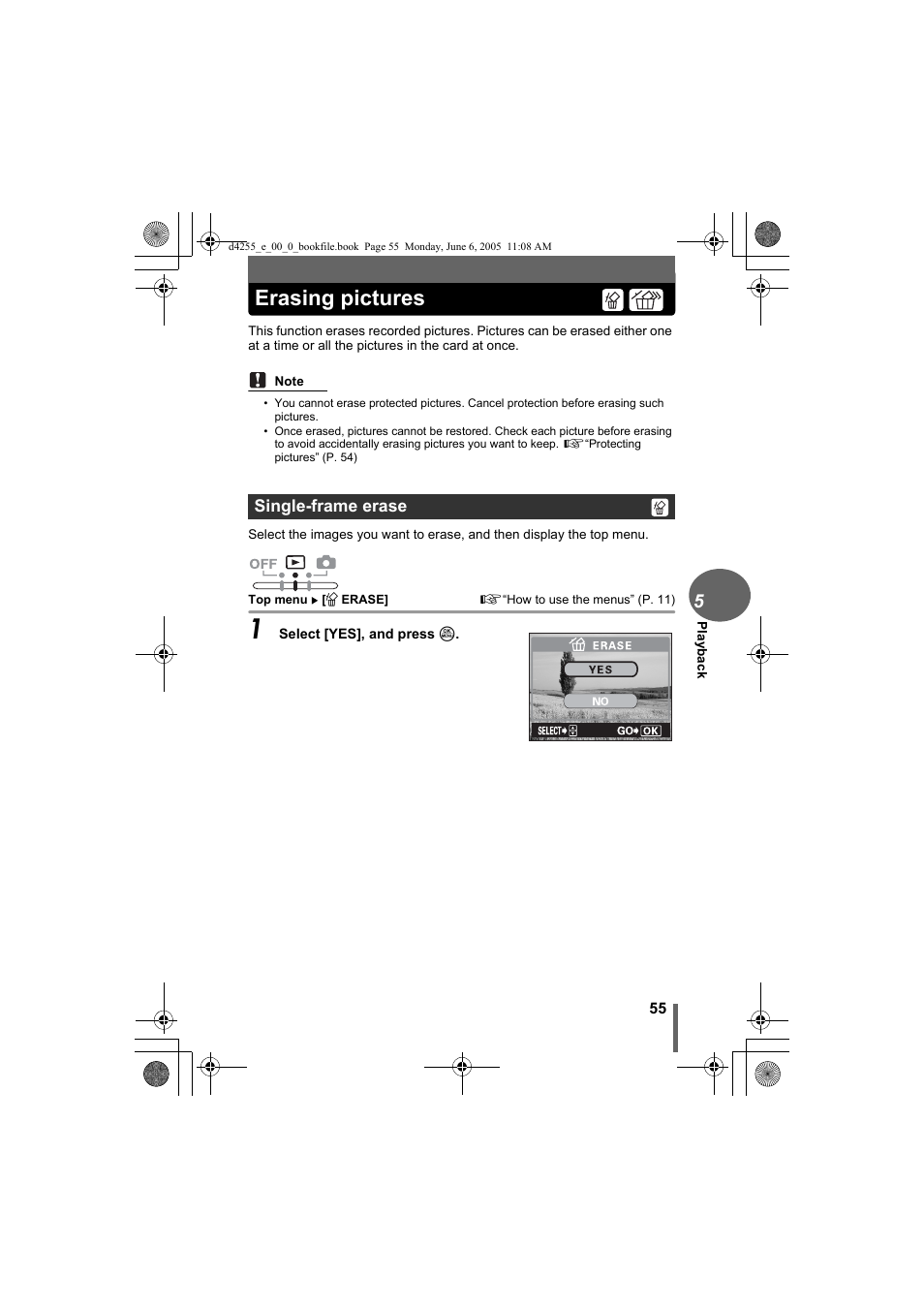 Erasing pictures, Single-frame erase, Gp. 55 | Olympus D-555 Zoom ImageLink User Manual | Page 55 / 124