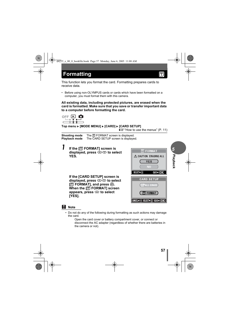 Formatting | Olympus D-555 Zoom ImageLink User Manual | Page 57 / 124