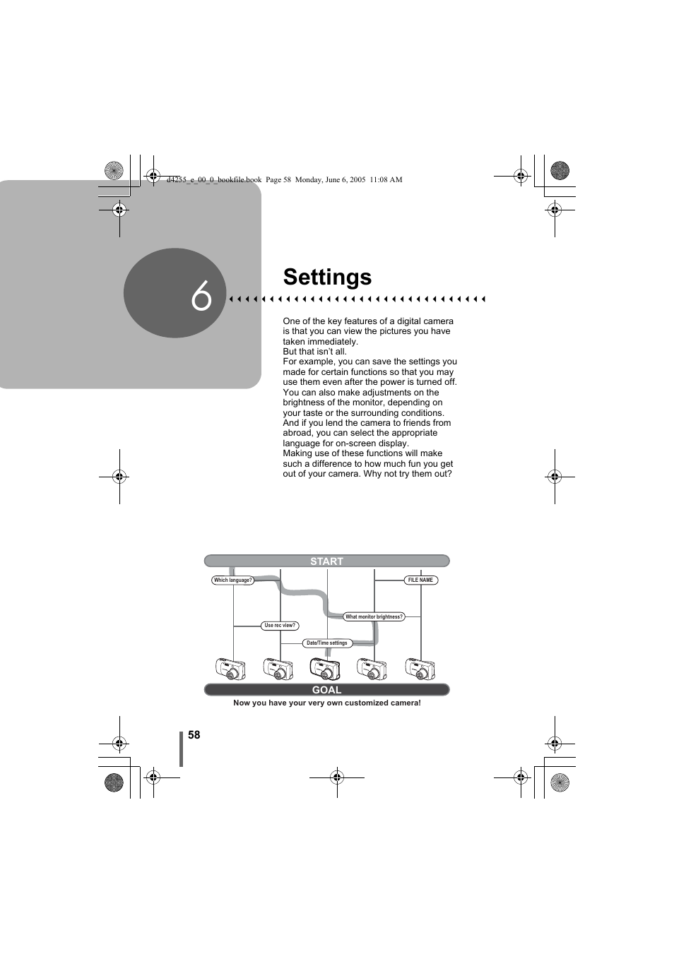6 settings, Settings, P. 58 | Olympus D-555 Zoom ImageLink User Manual | Page 58 / 124
