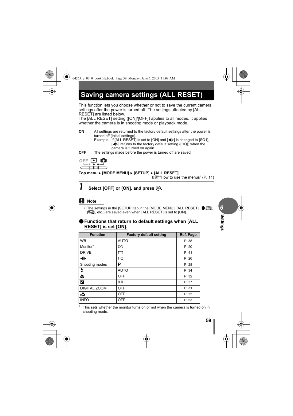 Saving camera settings (all reset) | Olympus D-555 Zoom ImageLink User Manual | Page 59 / 124