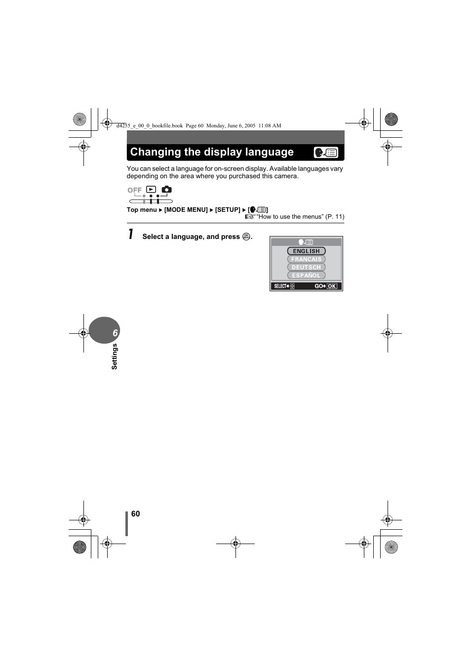Changing the display language | Olympus D-555 Zoom ImageLink User Manual | Page 60 / 124
