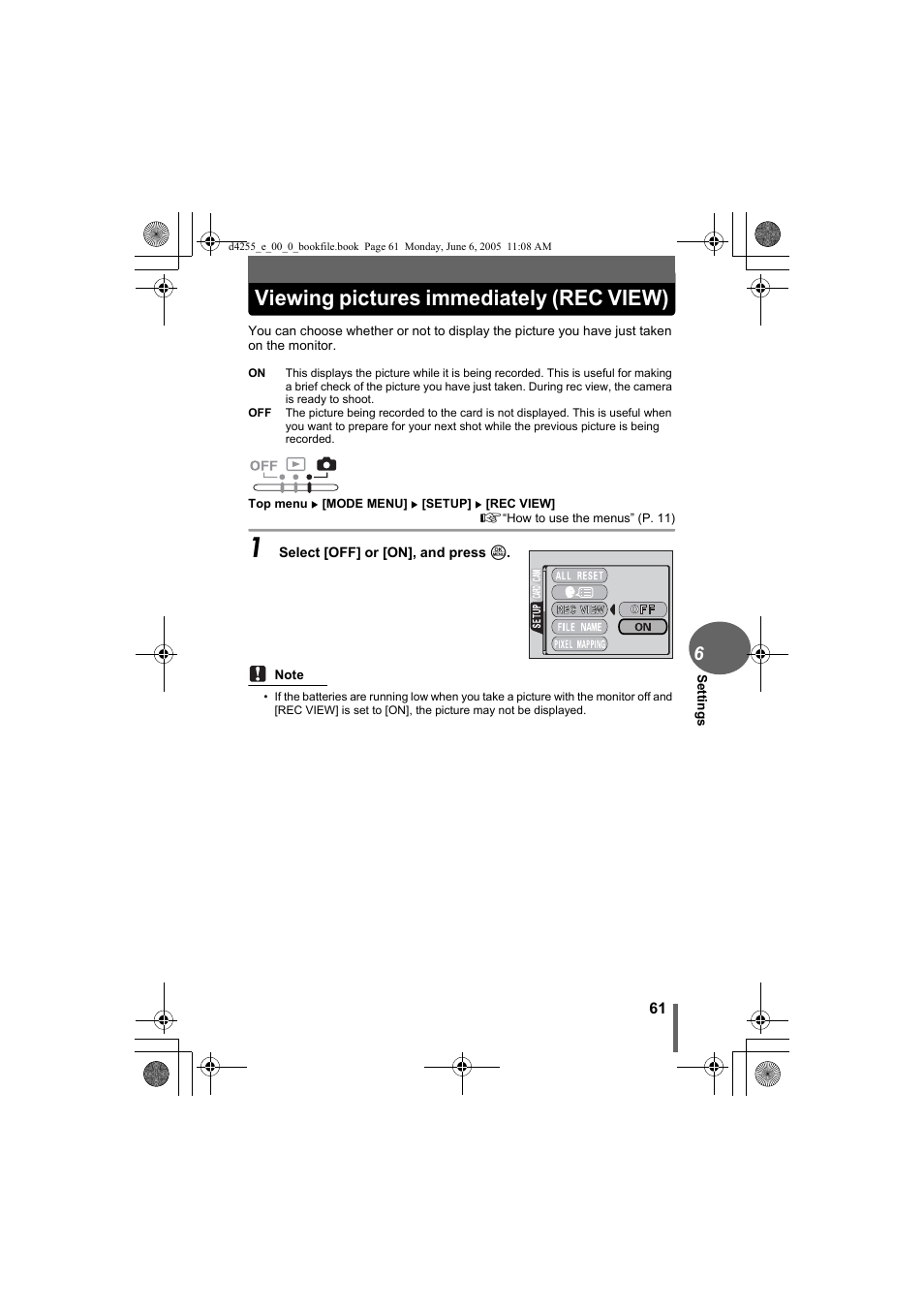 Viewing pictures immediately (rec view) | Olympus D-555 Zoom ImageLink User Manual | Page 61 / 124