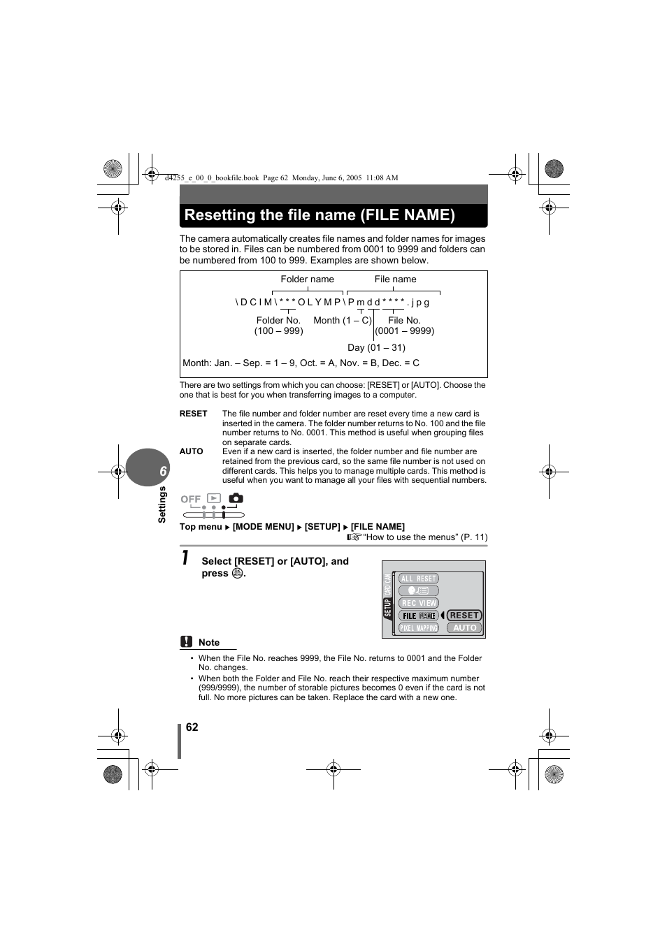 Resetting the file name (file name) | Olympus D-555 Zoom ImageLink User Manual | Page 62 / 124