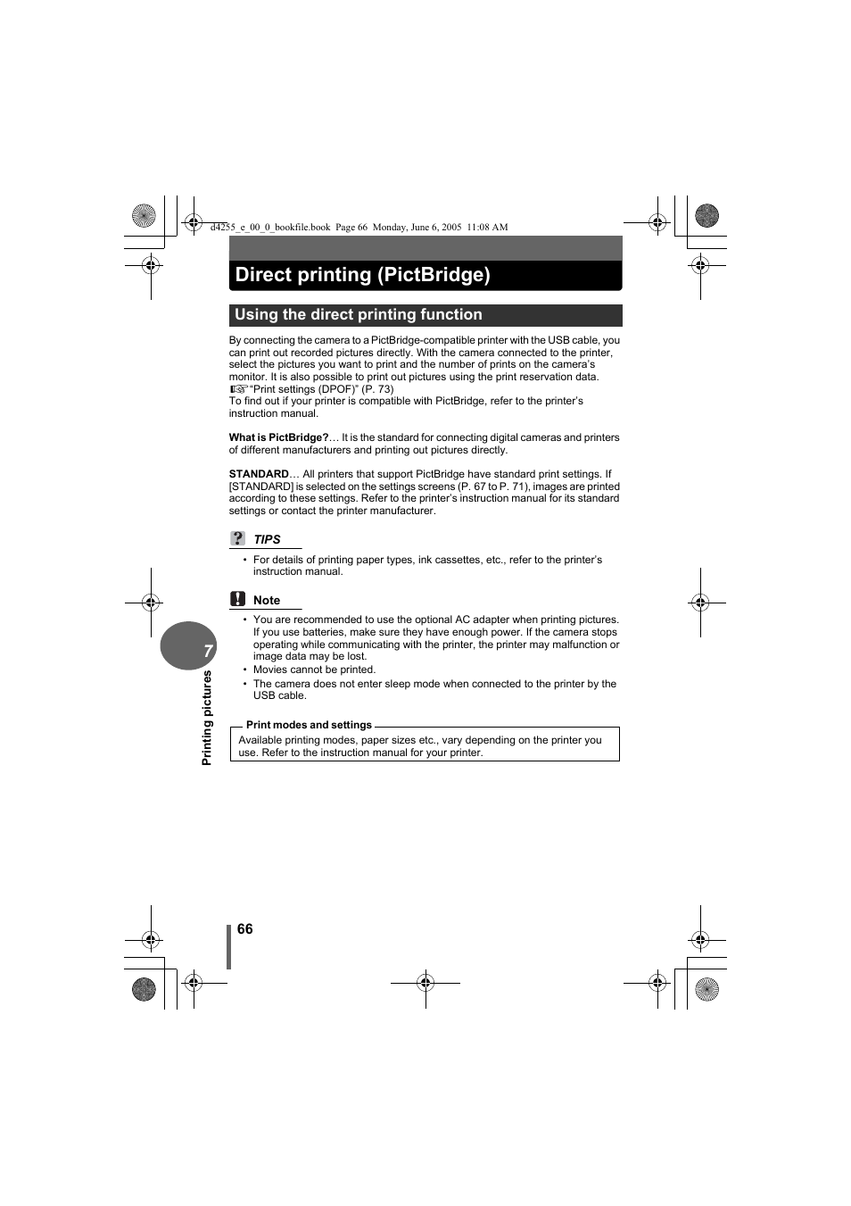 Direct printing (pictbridge), Using the direct printing function | Olympus D-555 Zoom ImageLink User Manual | Page 66 / 124