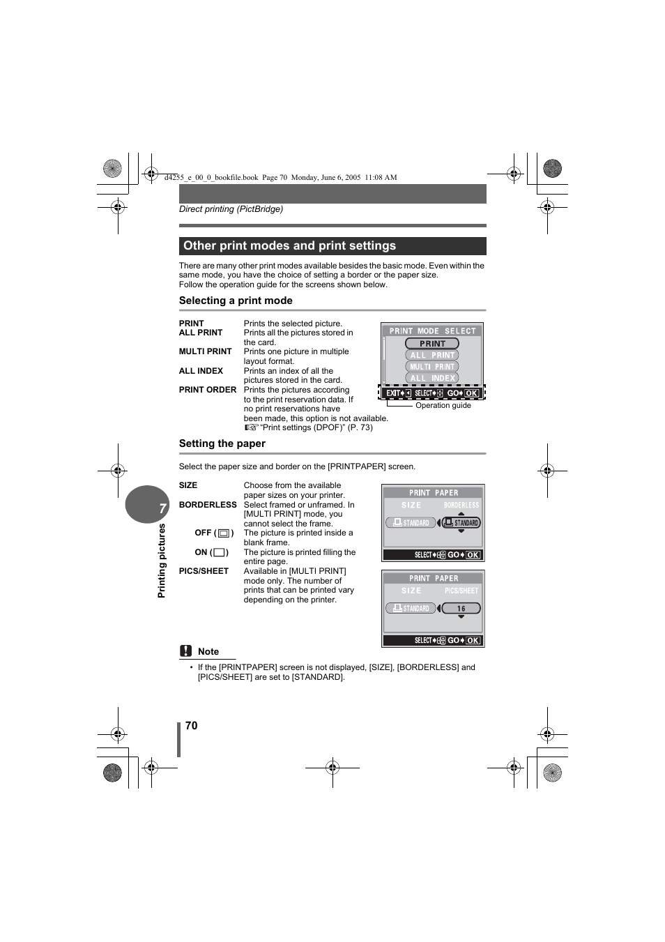 Other print modes and print settings | Olympus D-555 Zoom ImageLink User Manual | Page 70 / 124