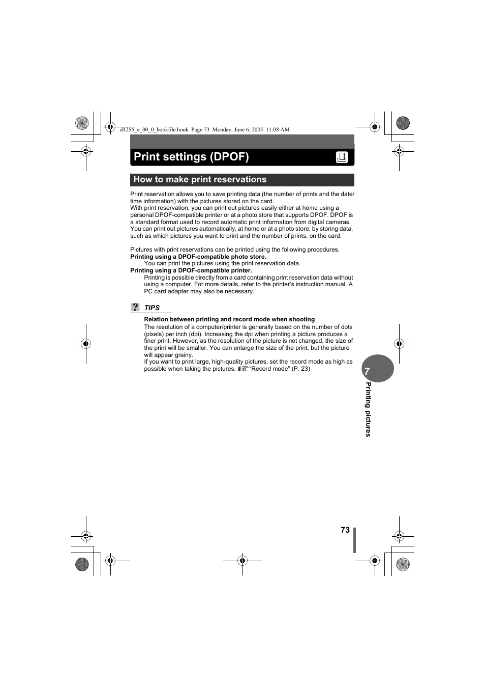 Print settings (dpof), How to make print reservations | Olympus D-555 Zoom ImageLink User Manual | Page 73 / 124