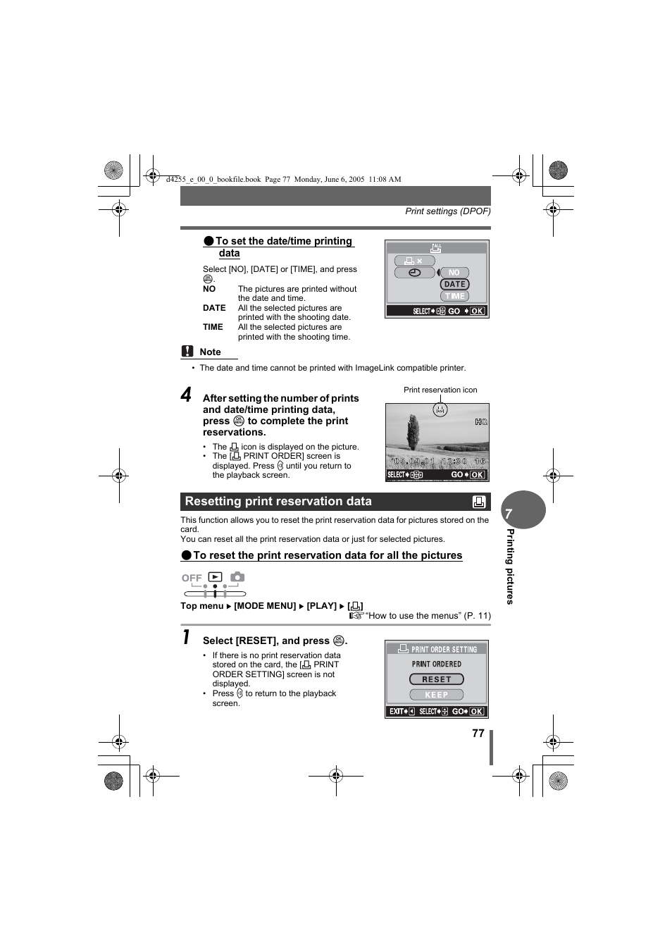 Resetting print reservation data | Olympus D-555 Zoom ImageLink User Manual | Page 77 / 124