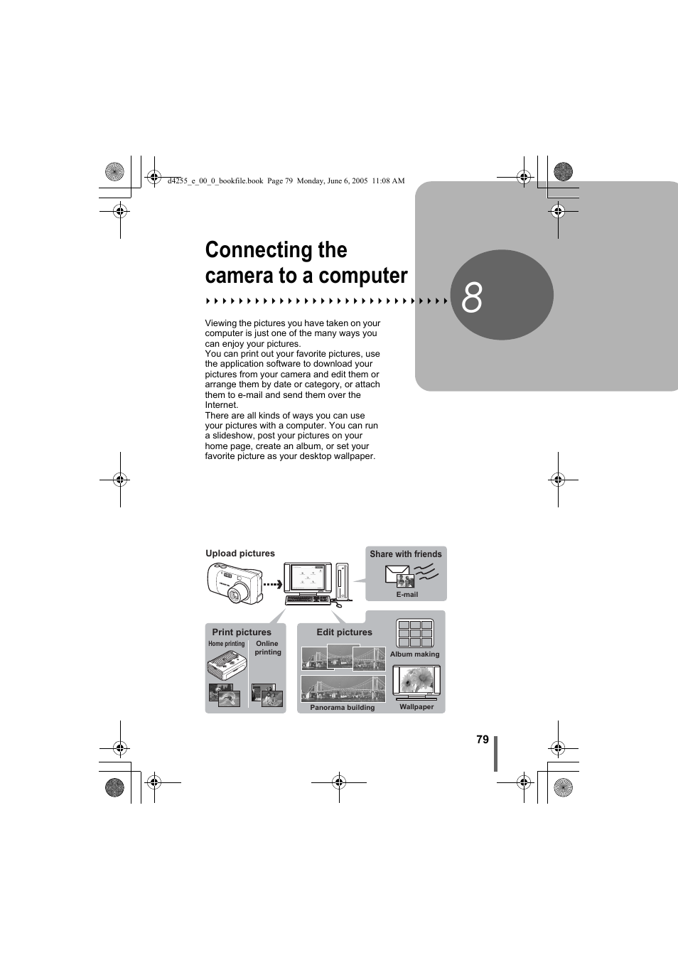 8 connecting the camera to a computer, Connecting the camera, To a computer | P. 79, Connecting the camera to a computer | Olympus D-555 Zoom ImageLink User Manual | Page 79 / 124