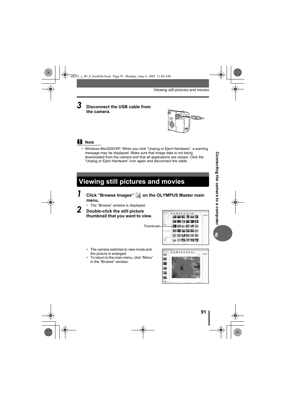 Viewing still pictures and movies | Olympus D-555 Zoom ImageLink User Manual | Page 91 / 124