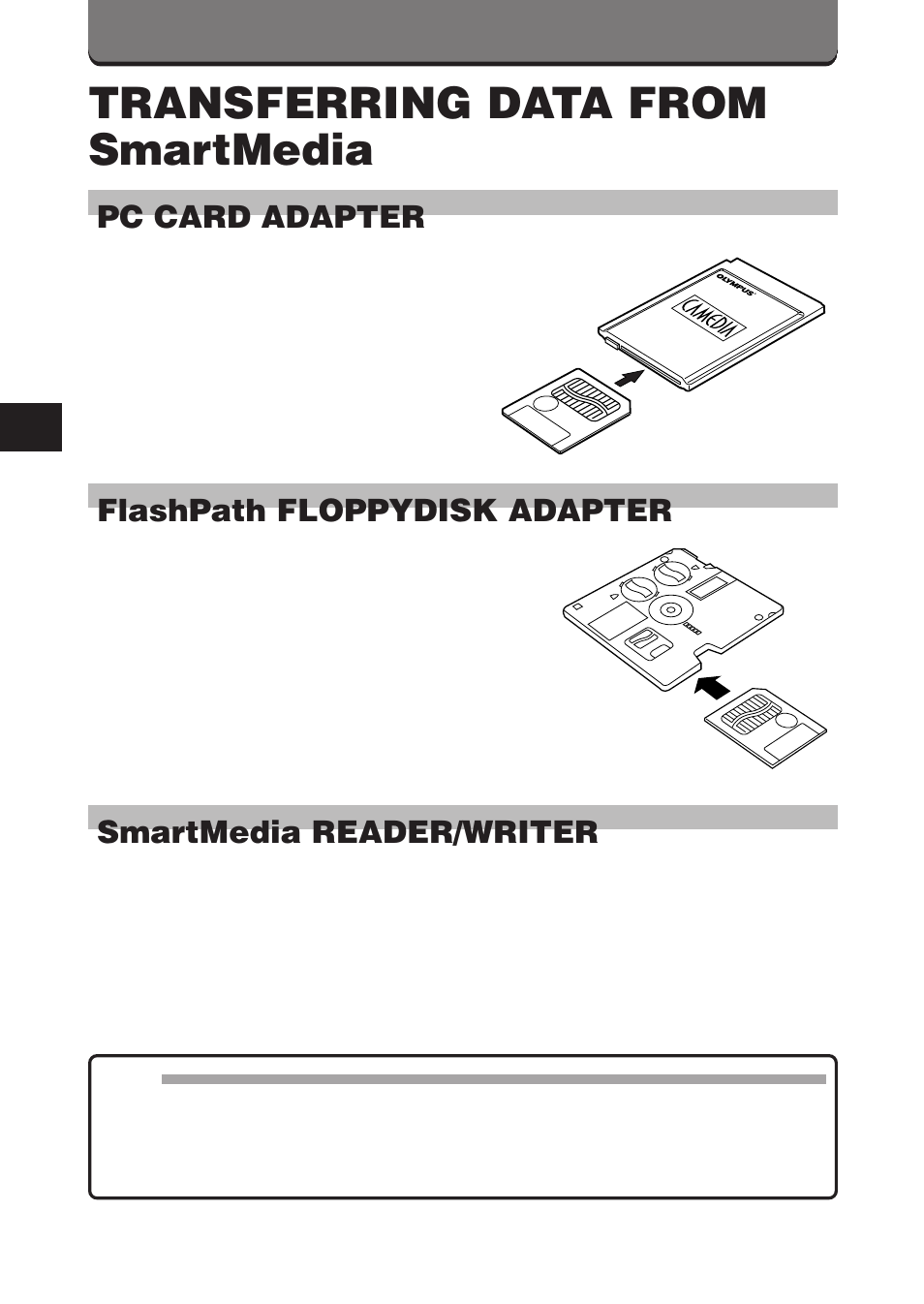 Transferring data from smartmedia, Pc card adapter, Flashpath floppydisk adapter | Smartmedia reader/writer | Olympus C-3000 Zoom User Manual | Page 34 / 86