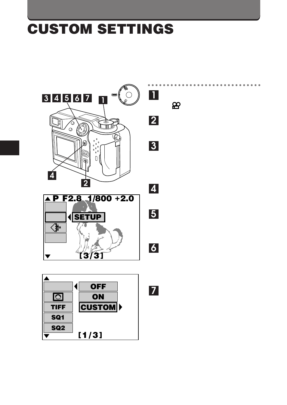 Custom settings, Off on custom, Setup | Olympus C-3000 Zoom User Manual | Page 46 / 86