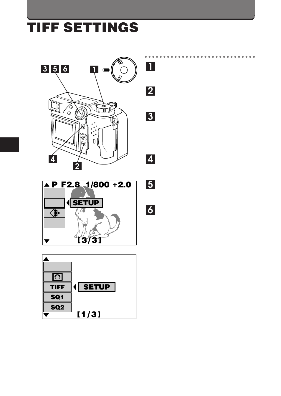 Tiff settings, Setup | Olympus C-3000 Zoom User Manual | Page 50 / 86