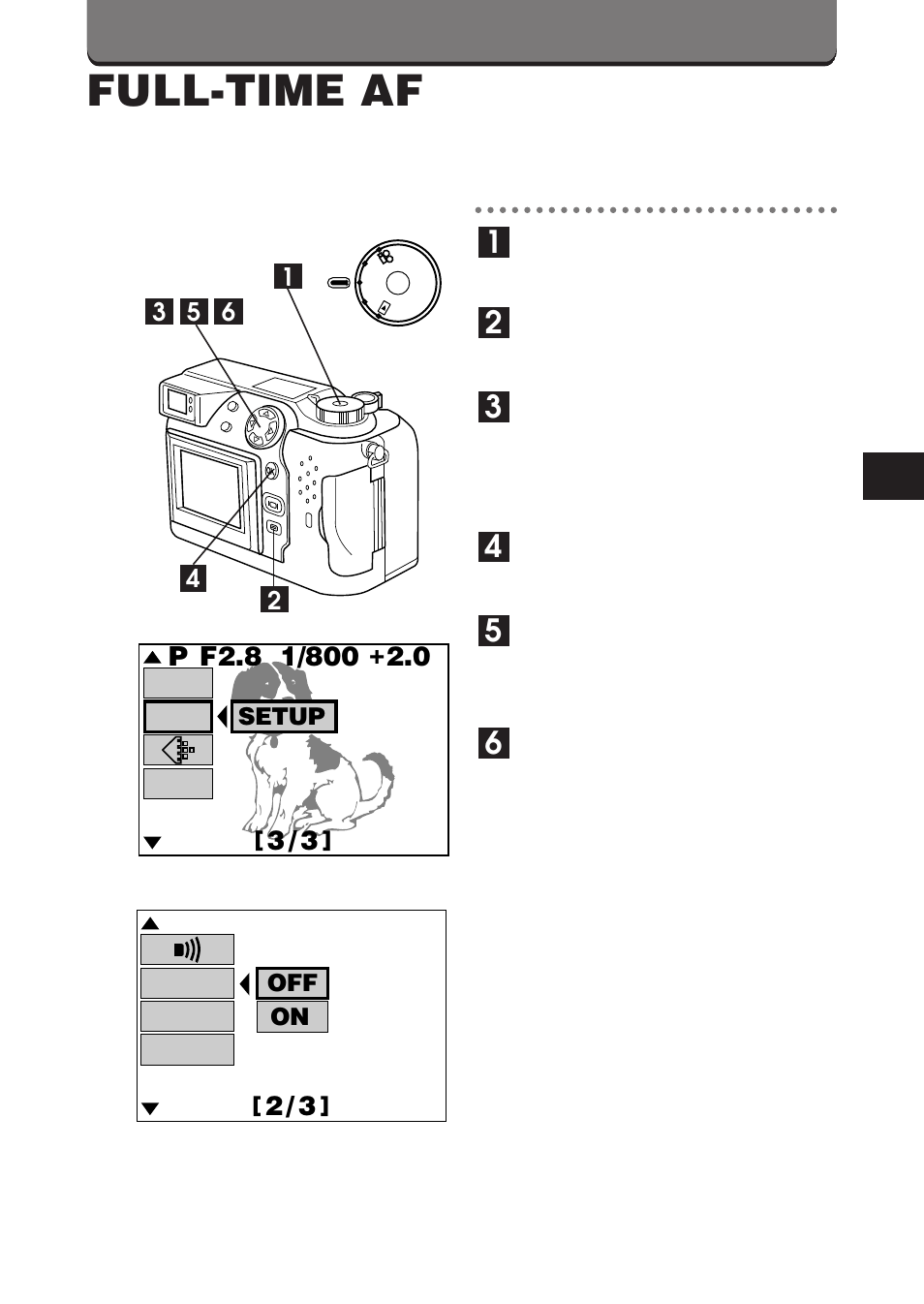 Full-time af, Off on, Setup | Olympus C-3000 Zoom User Manual | Page 55 / 86