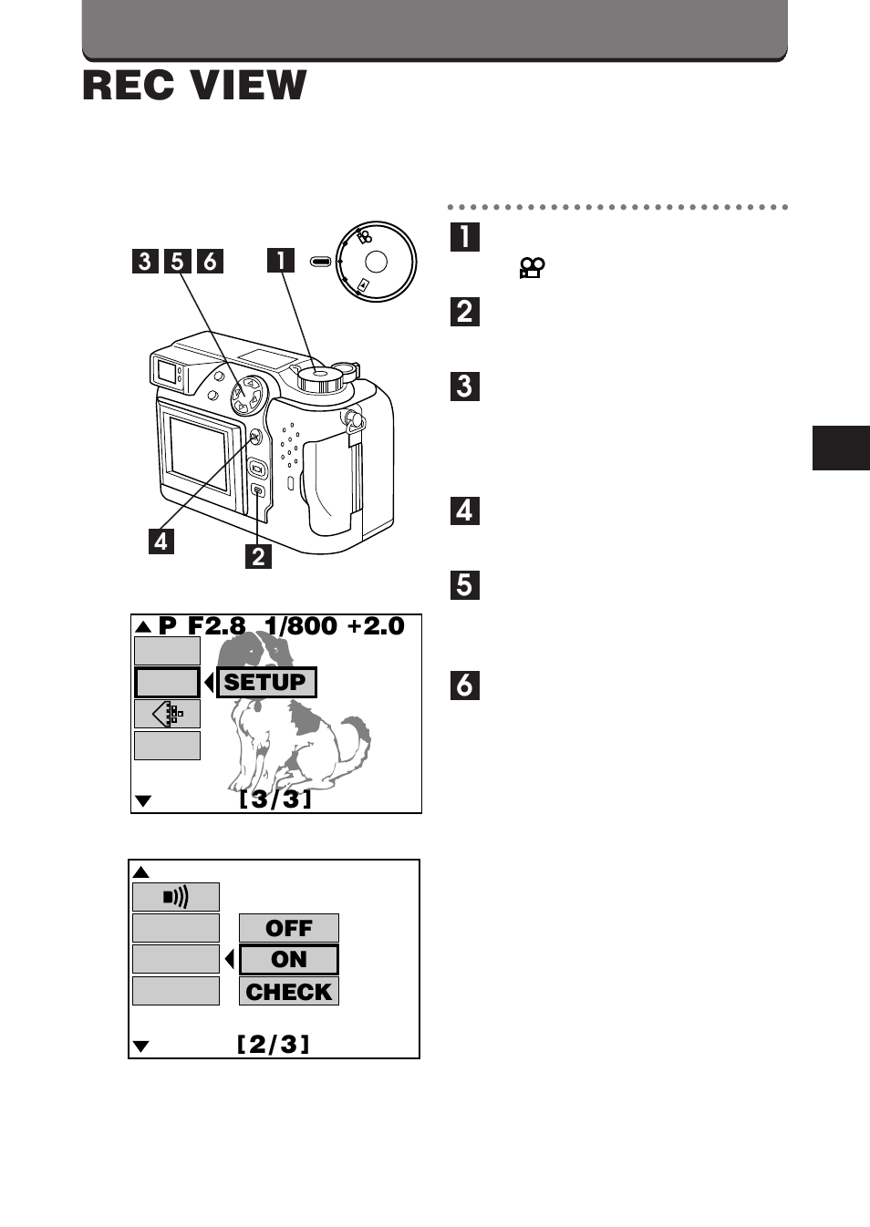 Rec view, Setup, Off on check | Olympus C-3000 Zoom User Manual | Page 57 / 86