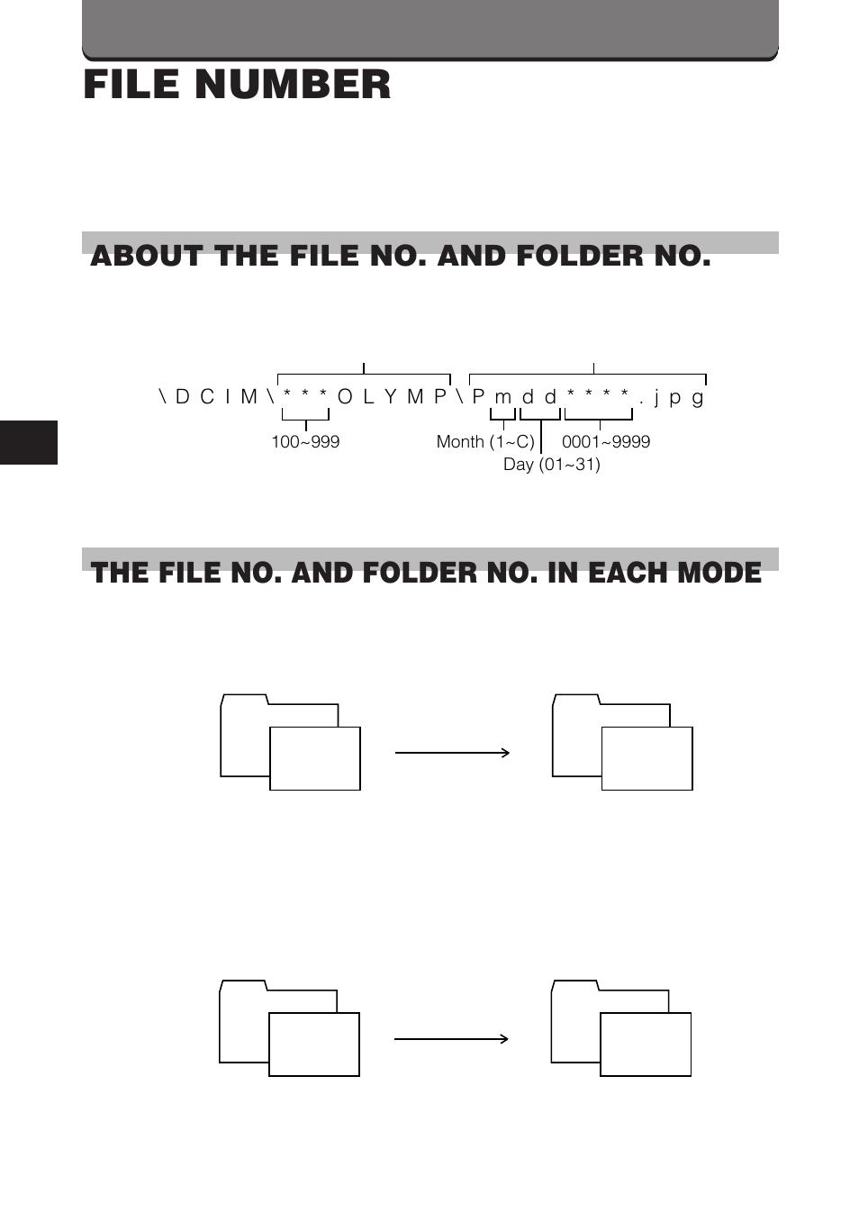 File number, About the file no. and folder no, The file no. and folder no. in each mode | Olympus C-3000 Zoom User Manual | Page 62 / 86