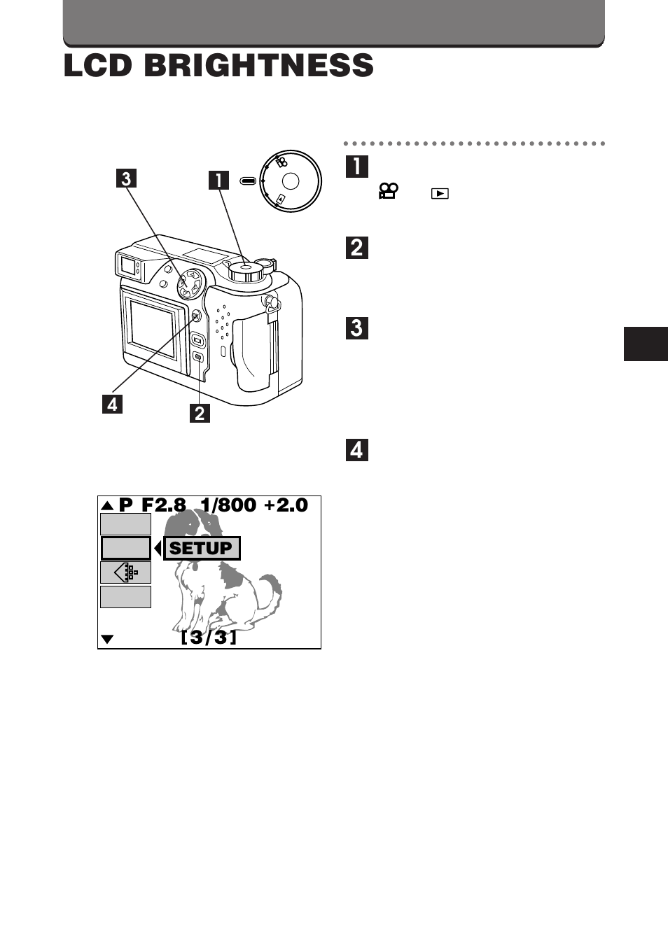 Lcd brightness, Setup | Olympus C-3000 Zoom User Manual | Page 65 / 86