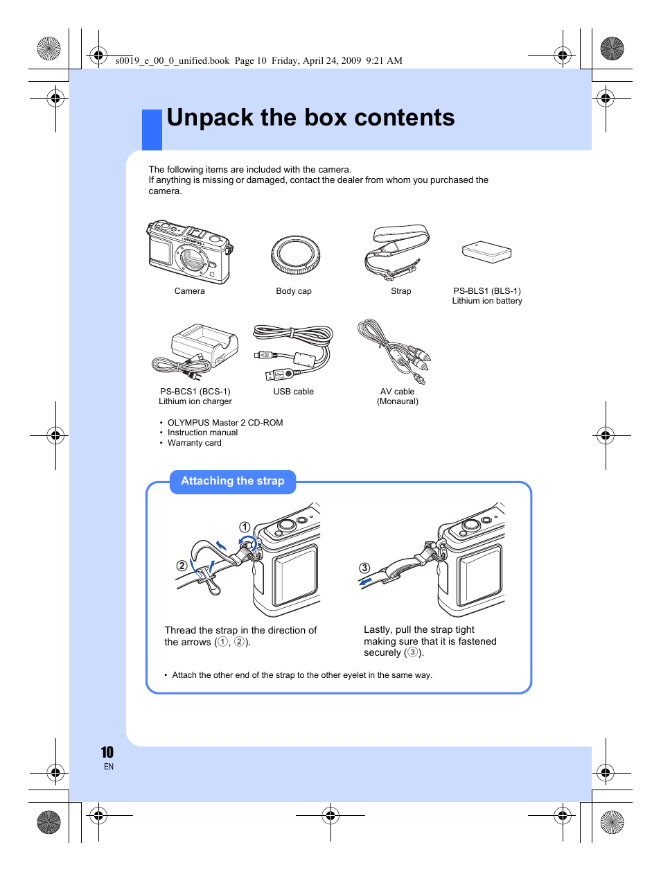 Unpack the box contents | Olympus E-P1 User Manual | Page 10 / 164