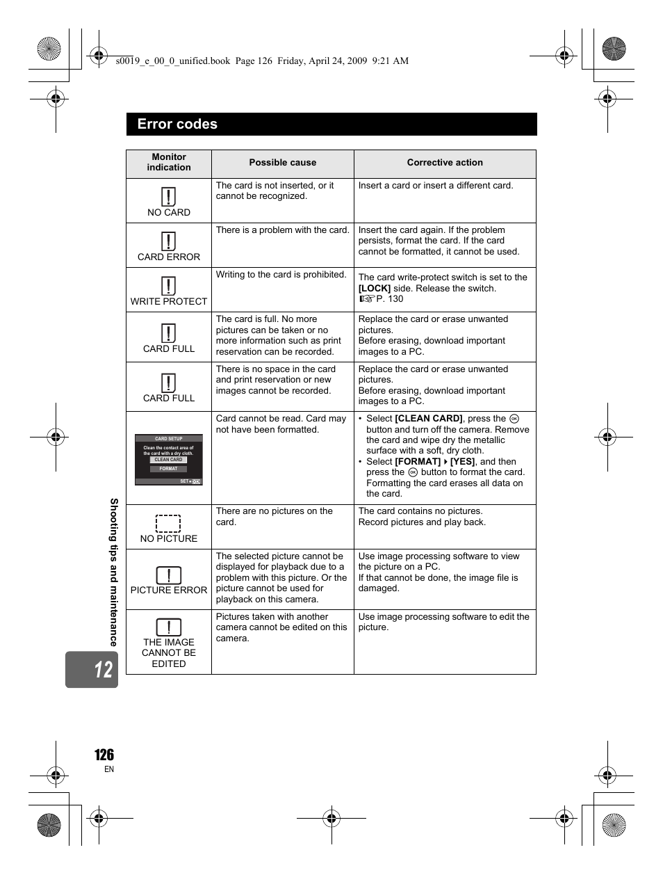 Error codes | Olympus E-P1 User Manual | Page 126 / 164